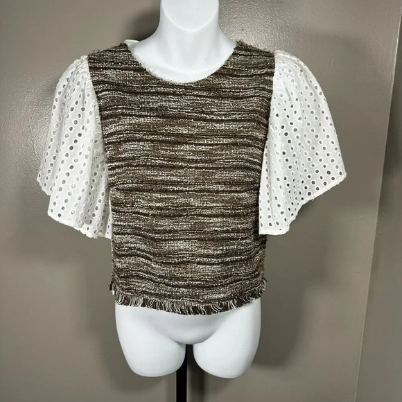 Badgley Mischa Short Puff Sleeve Tweed Brown And White Size M NWOT - Picture 1 of 7